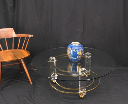 Polished Brass & Lucite Base Round Midcentury Coffee Table on Wheels Mint!