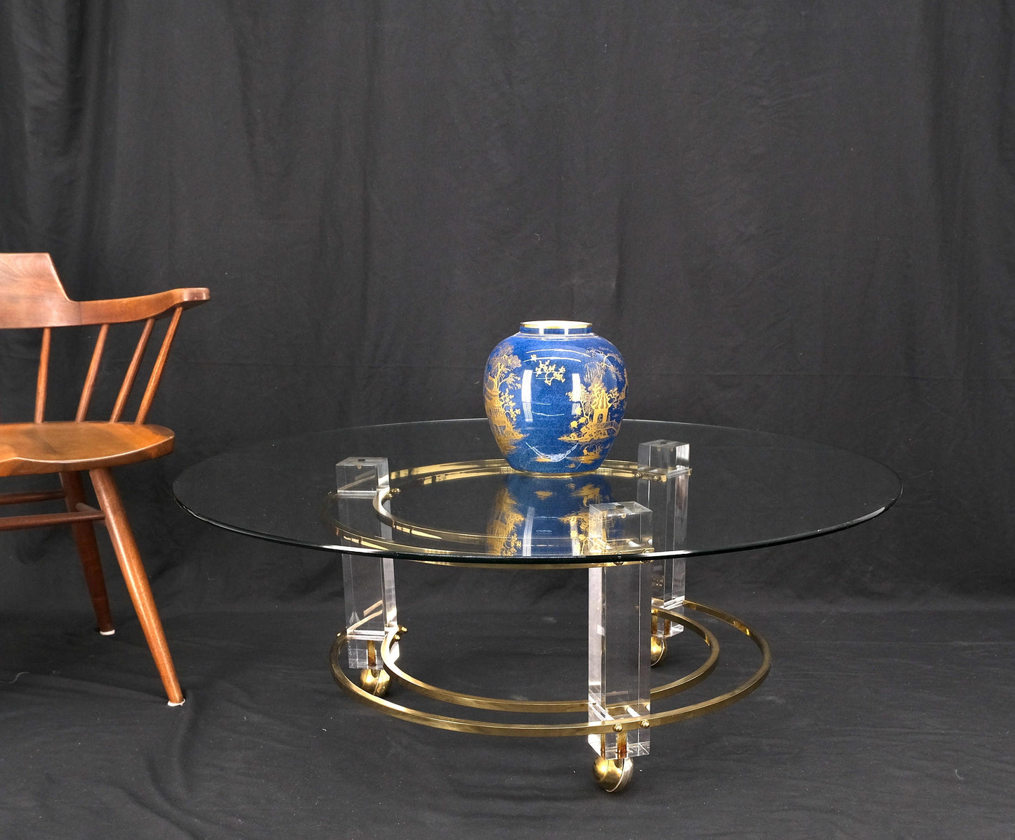 Polished Brass & Lucite Base Round Midcentury Coffee Table on Wheels Mint!