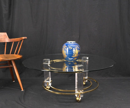 Polished Brass & Lucite Base Round Midcentury Coffee Table on Wheels Mint!