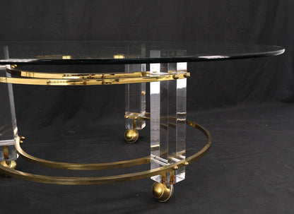 Polished Brass & Lucite Base Round Midcentury Coffee Table on Wheels Mint!