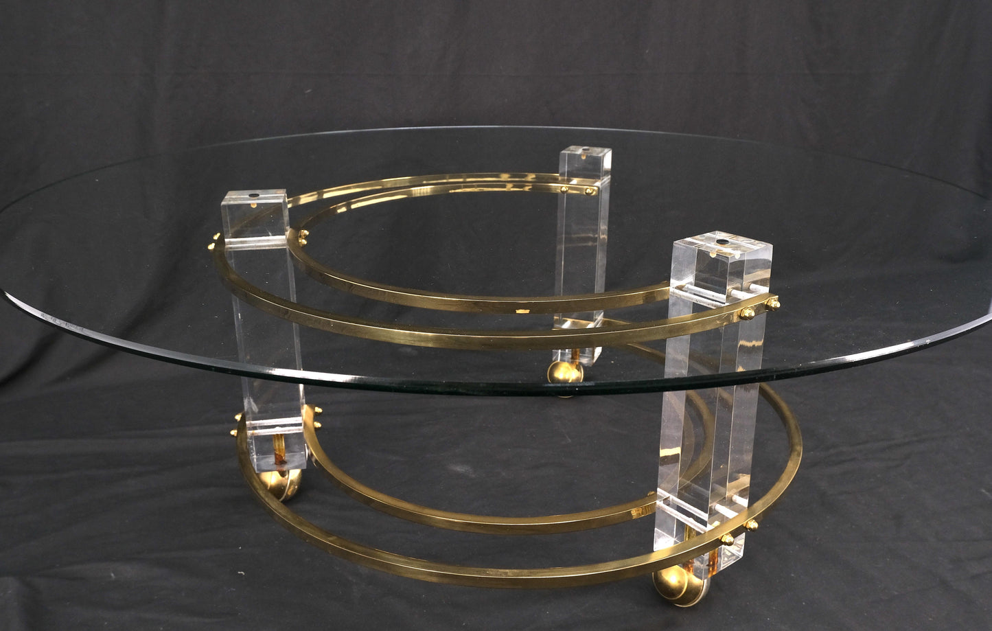 Polished Brass & Lucite Base Round Midcentury Coffee Table on Wheels Mint!