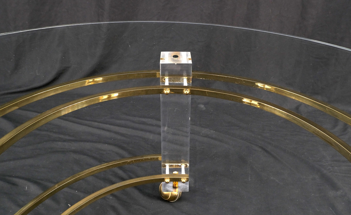 Polished Brass & Lucite Base Round Midcentury Coffee Table on Wheels Mint!