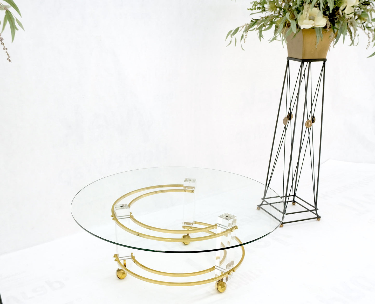 Polished Brass & Lucite Base Round Midcentury Coffee Table on Wheels Mint!