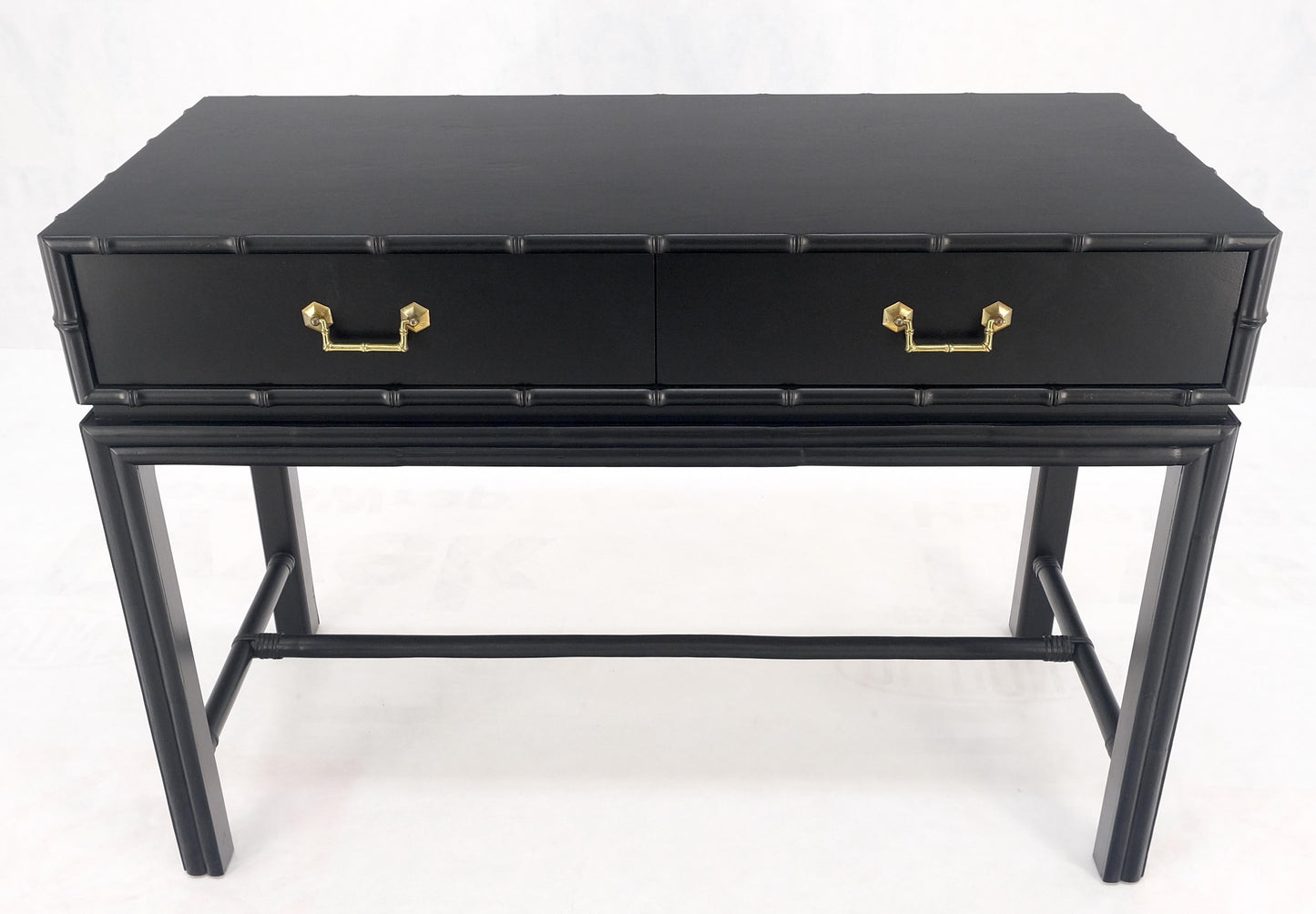 Ficks Reed Black Lacquer Faux Bamboo Solid Brass Pulls Two Drawer Console Desk