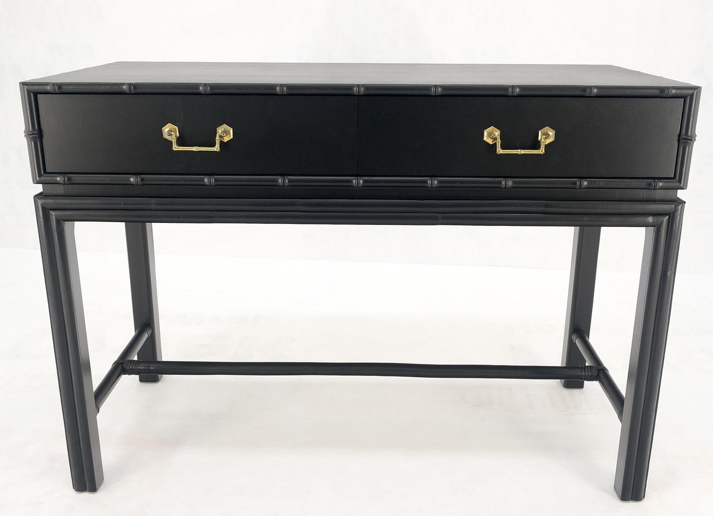 Ficks Reed Black Lacquer Faux Bamboo Solid Brass Pulls Two Drawer Console Desk