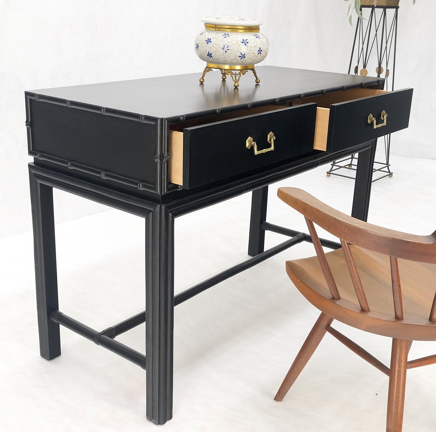 Ficks Reed Black Lacquer Faux Bamboo Solid Brass Pulls Two Drawer Console Desk