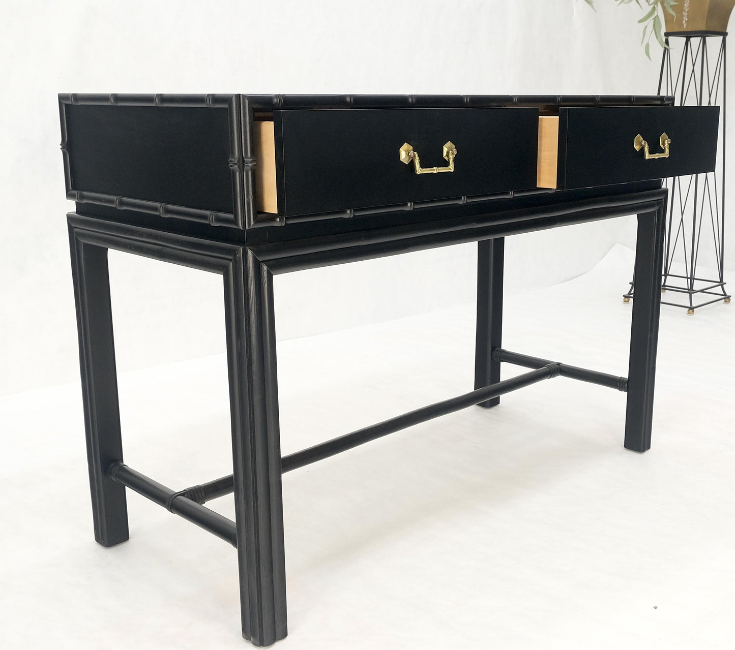 Ficks Reed Black Lacquer Faux Bamboo Solid Brass Pulls Two Drawer Console Desk