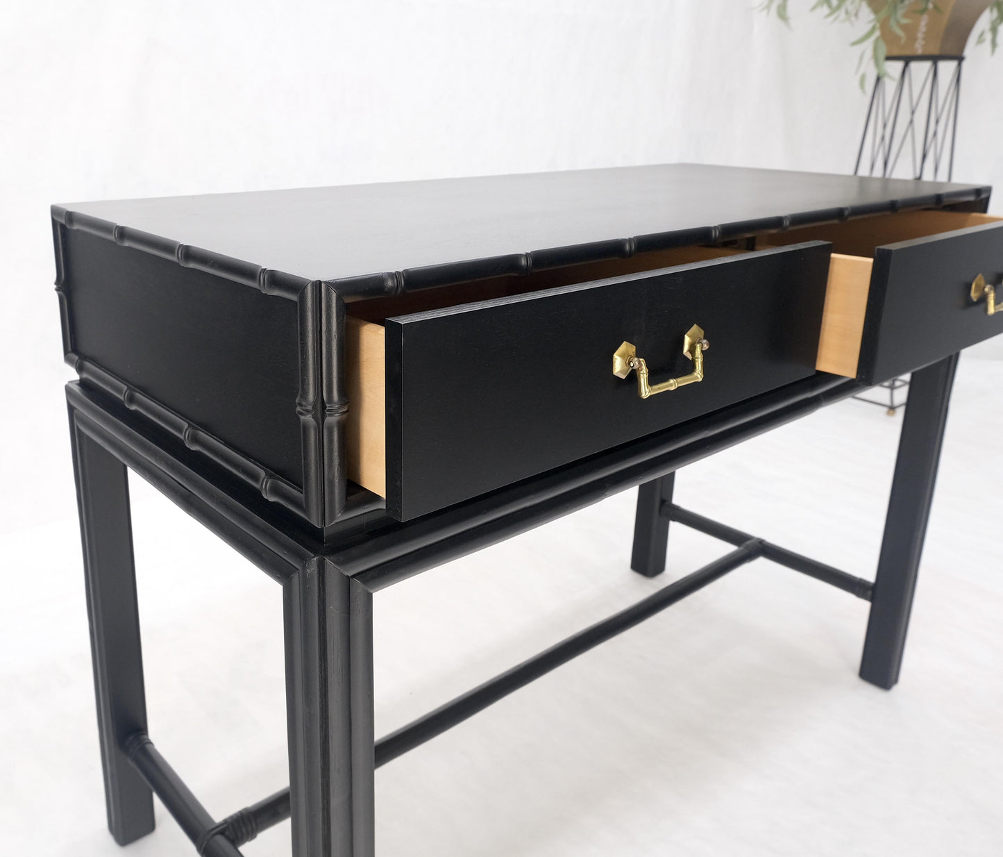 Ficks Reed Black Lacquer Faux Bamboo Solid Brass Pulls Two Drawer Console Desk