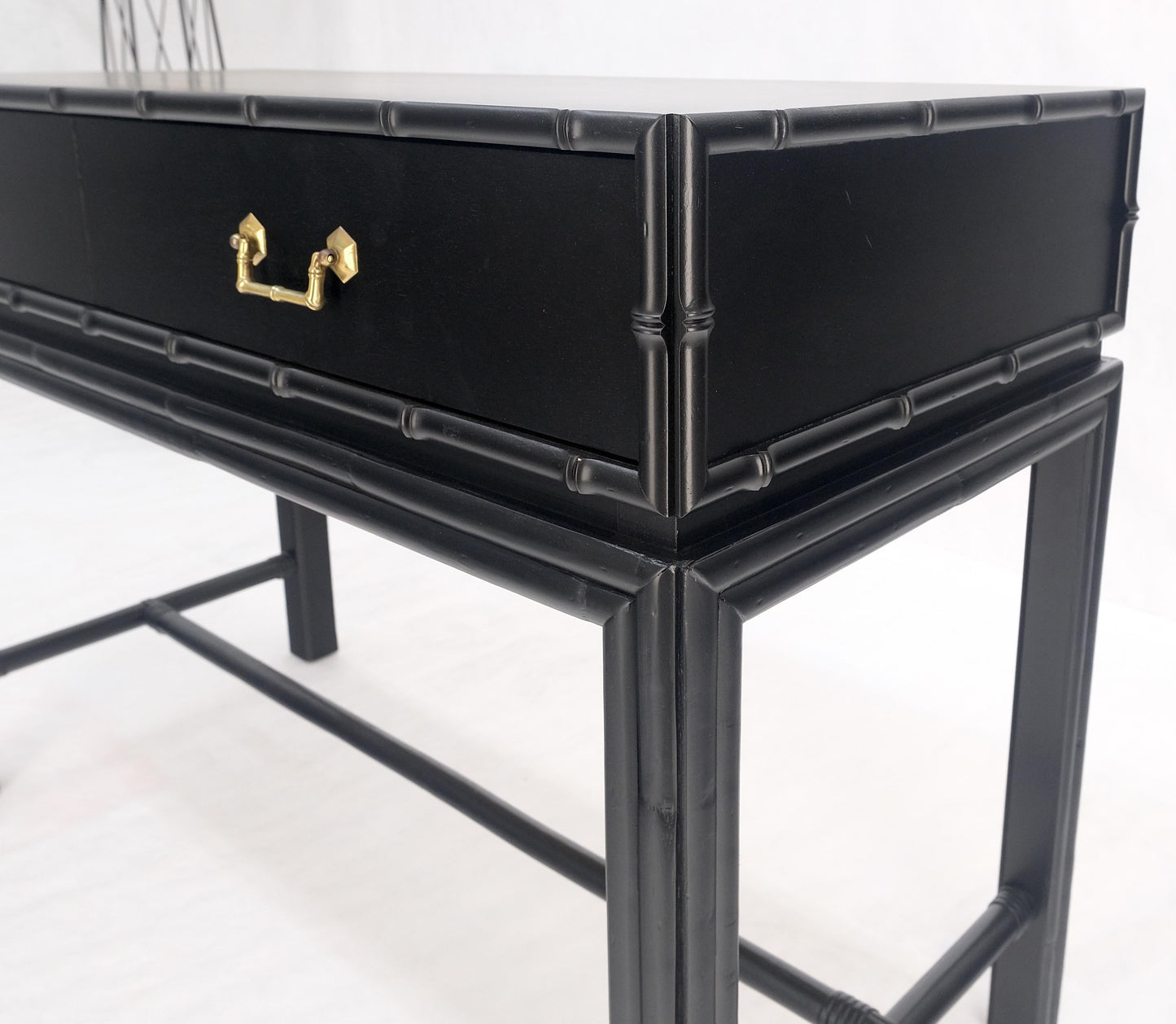 Ficks Reed Black Lacquer Faux Bamboo Solid Brass Pulls Two Drawer Console Desk