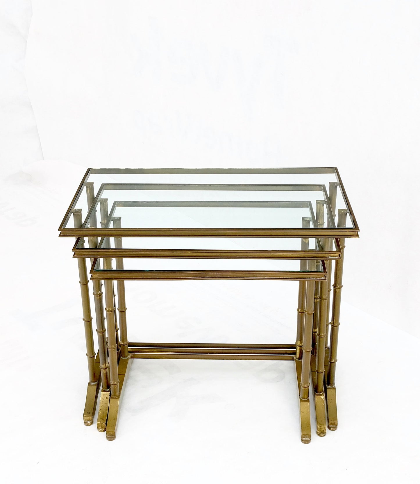 Set of MCM Solid Brass Faux Bamboo Glass Top Nesting Side End Tables Stands