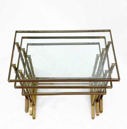 Set of MCM Solid Brass Faux Bamboo Glass Top Nesting Side End Tables Stands