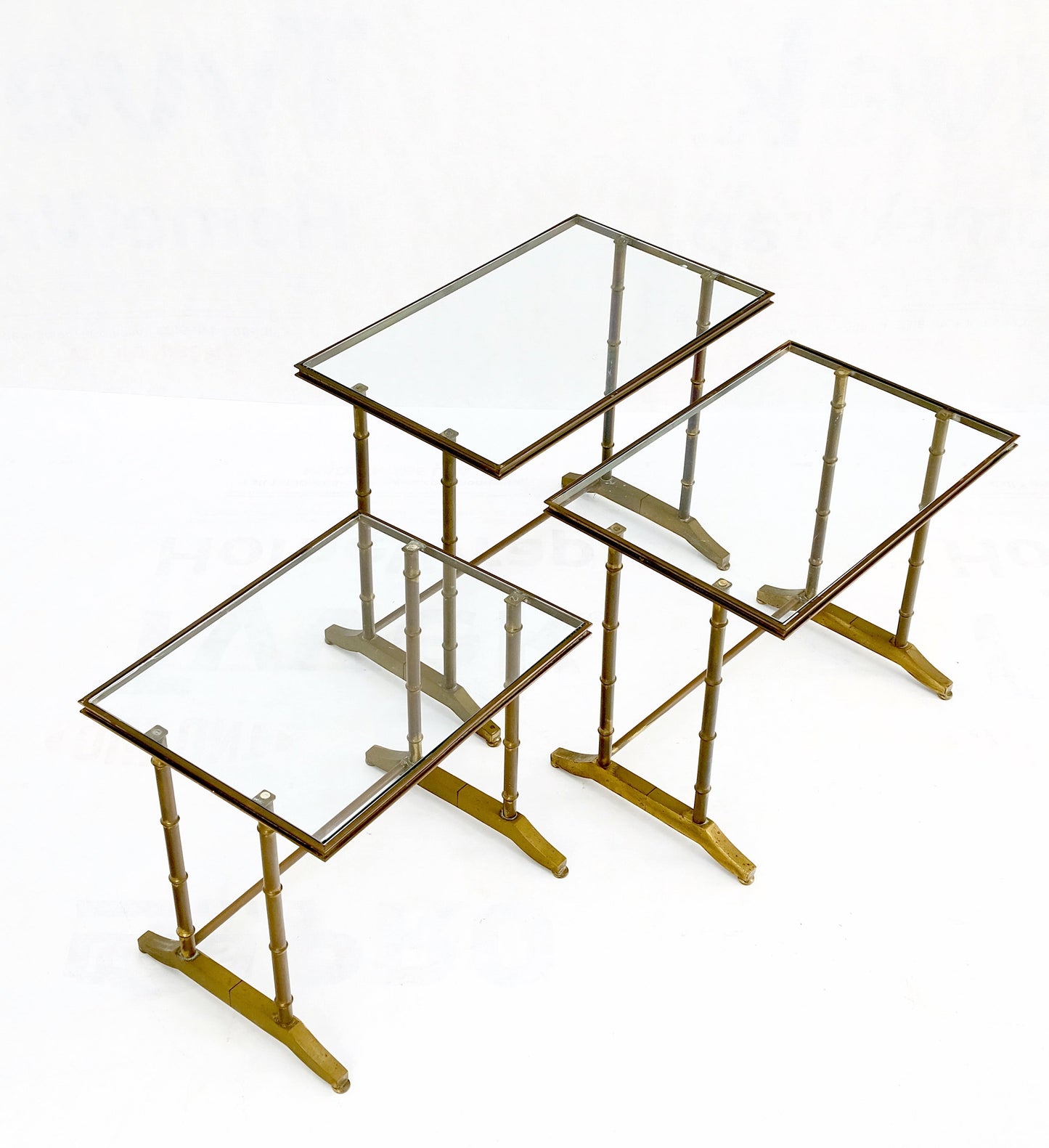 Set of MCM Solid Brass Faux Bamboo Glass Top Nesting Side End Tables Stands