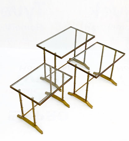 Set of MCM Solid Brass Faux Bamboo Glass Top Nesting Side End Tables Stands