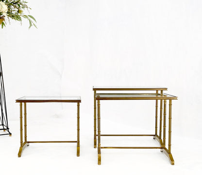 Set of MCM Solid Brass Faux Bamboo Glass Top Nesting Side End Tables Stands