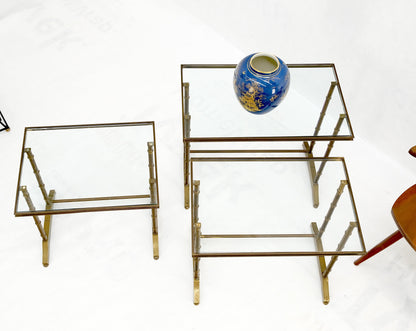 Set of MCM Solid Brass Faux Bamboo Glass Top Nesting Side End Tables Stands