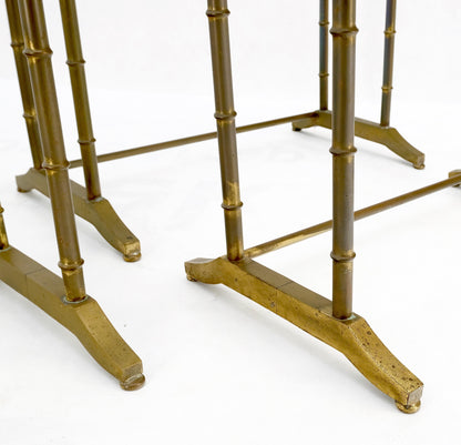 Set of MCM Solid Brass Faux Bamboo Glass Top Nesting Side End Tables Stands