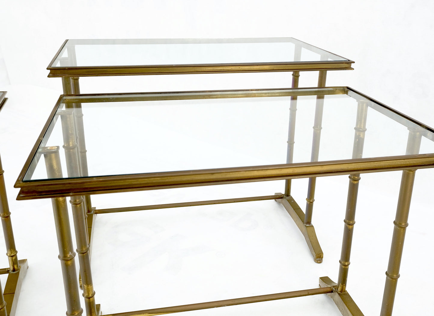 Set of MCM Solid Brass Faux Bamboo Glass Top Nesting Side End Tables Stands