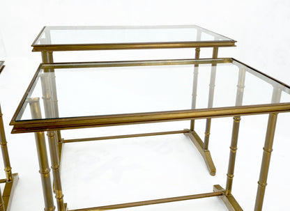 Set of MCM Solid Brass Faux Bamboo Glass Top Nesting Side End Tables Stands