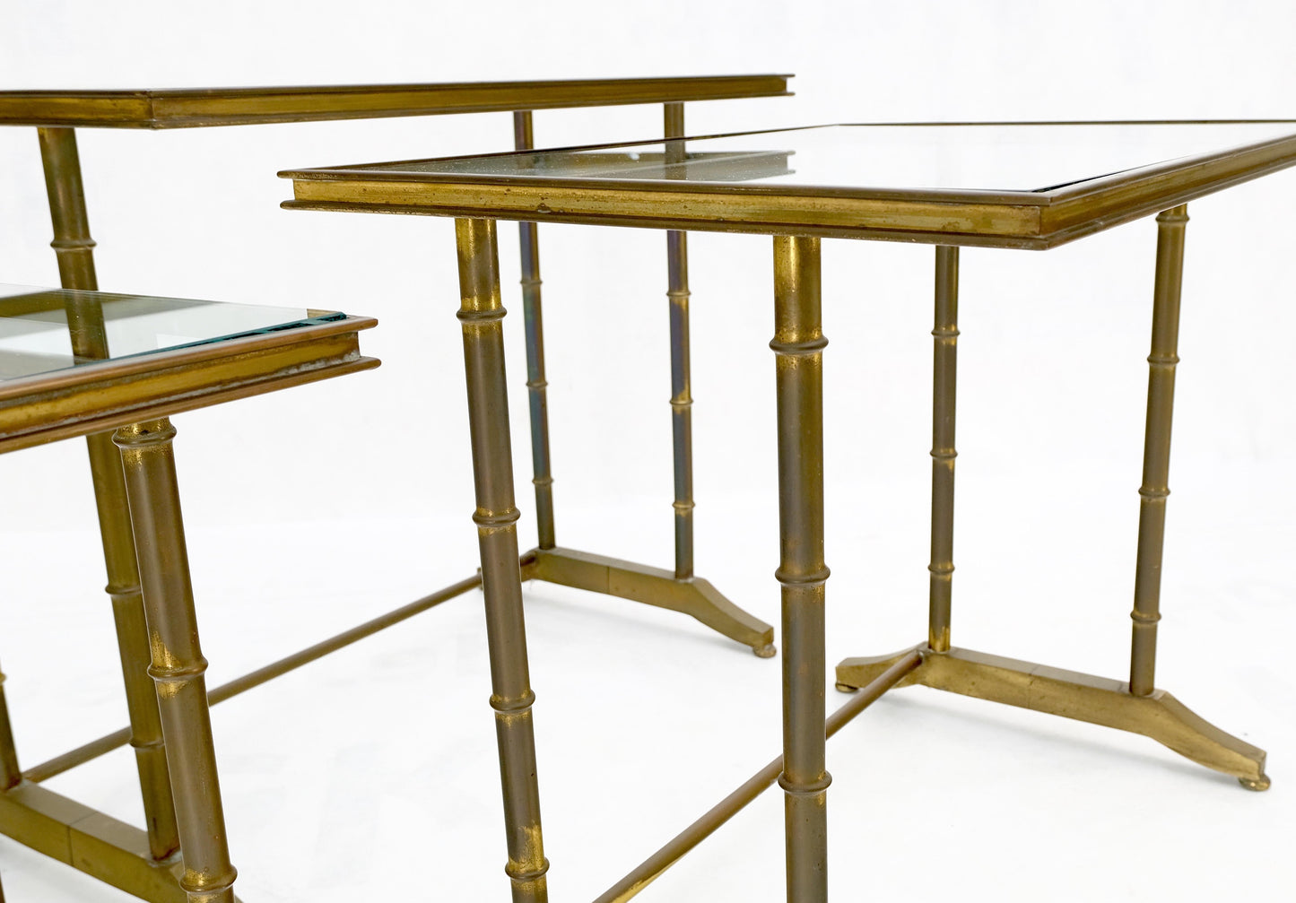 Set of MCM Solid Brass Faux Bamboo Glass Top Nesting Side End Tables Stands