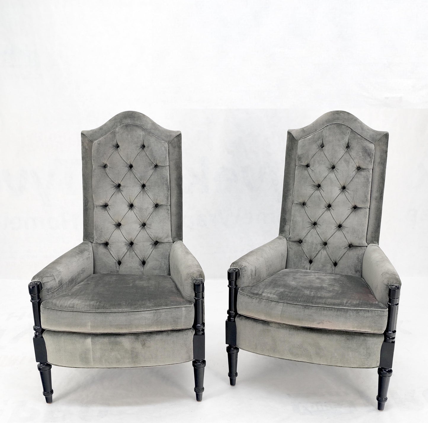 Pair of Tall Tufted Backs Black Lacquer Frames Decorative Arm Chairs Thrones