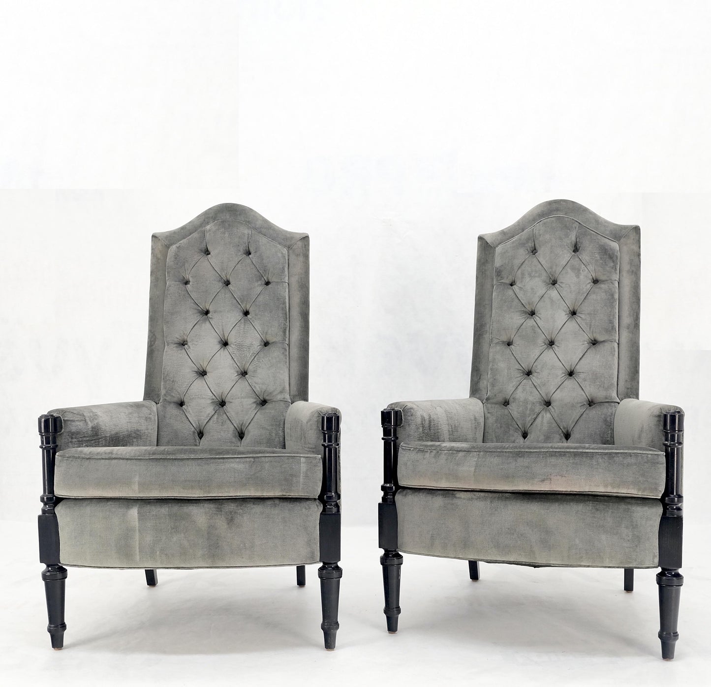 Pair of Tall Tufted Backs Black Lacquer Frames Decorative Arm Chairs Thrones