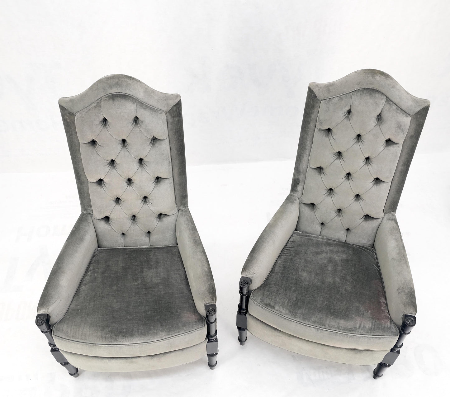 Pair of Tall Tufted Backs Black Lacquer Frames Decorative Arm Chairs Thrones