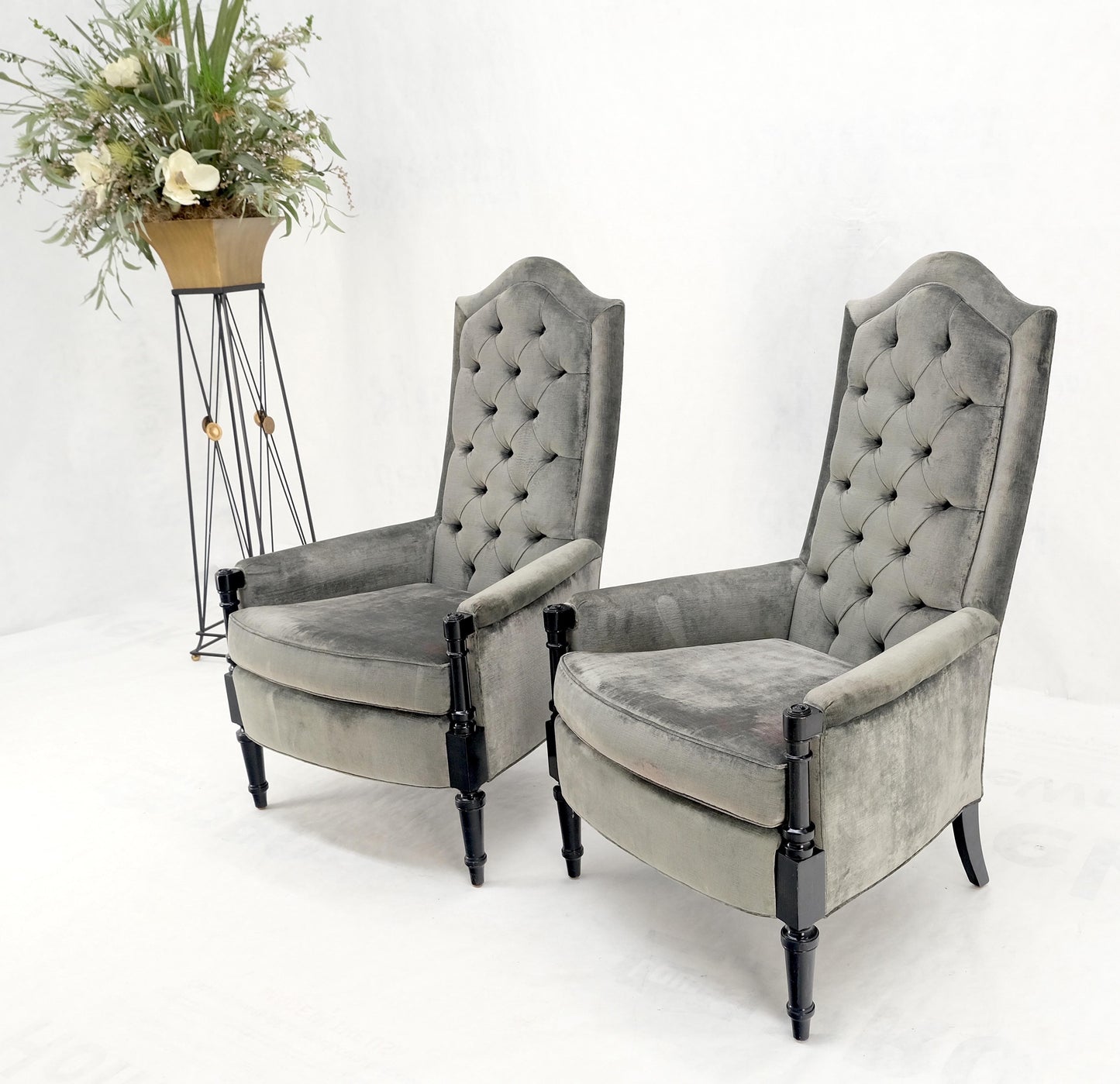 Pair of Tall Tufted Backs Black Lacquer Frames Decorative Arm Chairs Thrones