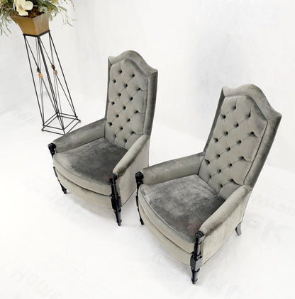 Pair of Tall Tufted Backs Black Lacquer Frames Decorative Arm Chairs Thrones