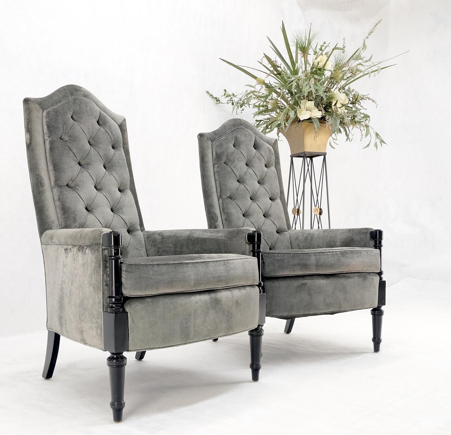 Pair of Tall Tufted Backs Black Lacquer Frames Decorative Arm Chairs Thrones