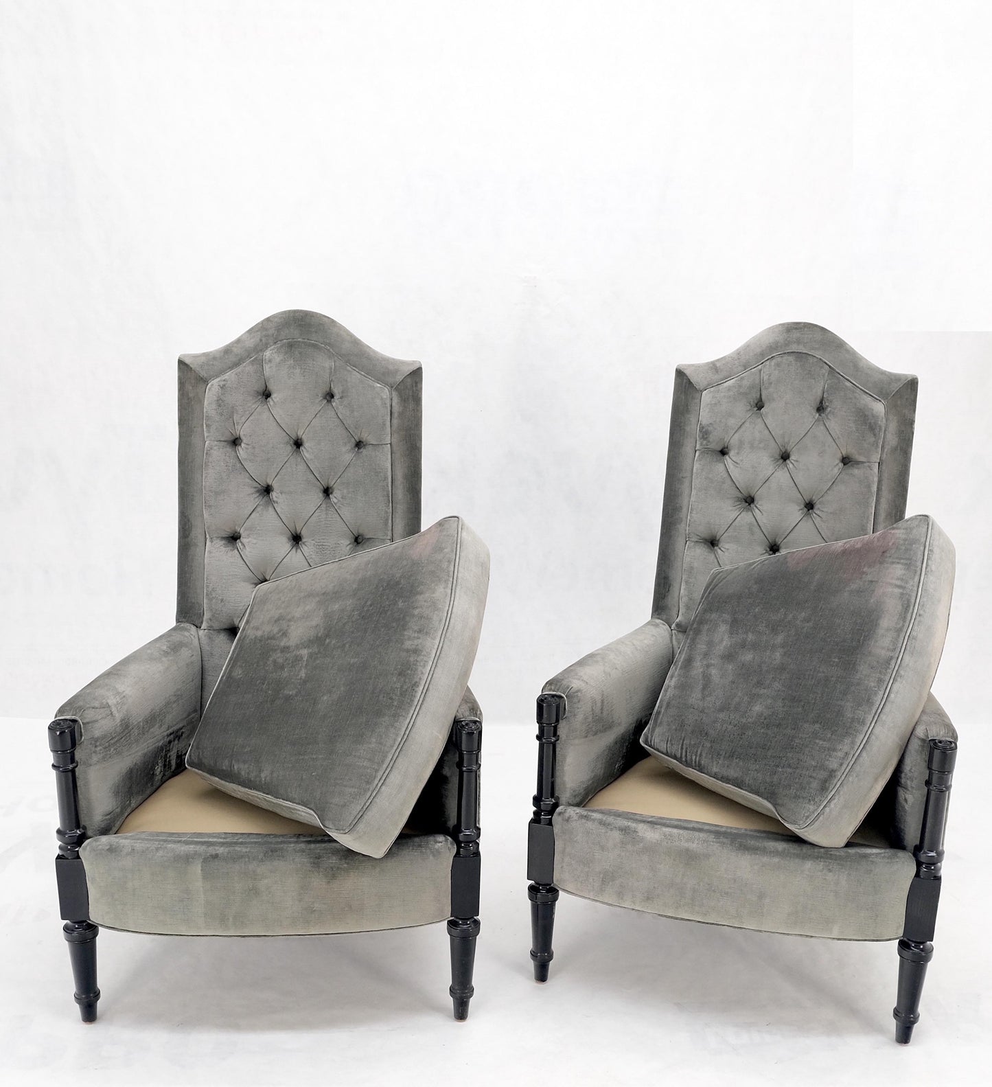 Pair of Tall Tufted Backs Black Lacquer Frames Decorative Arm Chairs Thrones