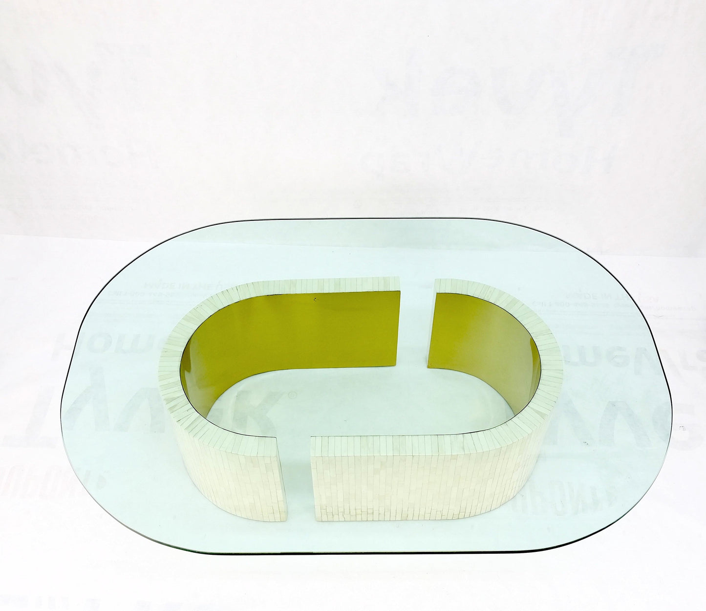 Racetrack Oval Shape Glass Top Tessellated Bone Tile Base Coffee Table Mint