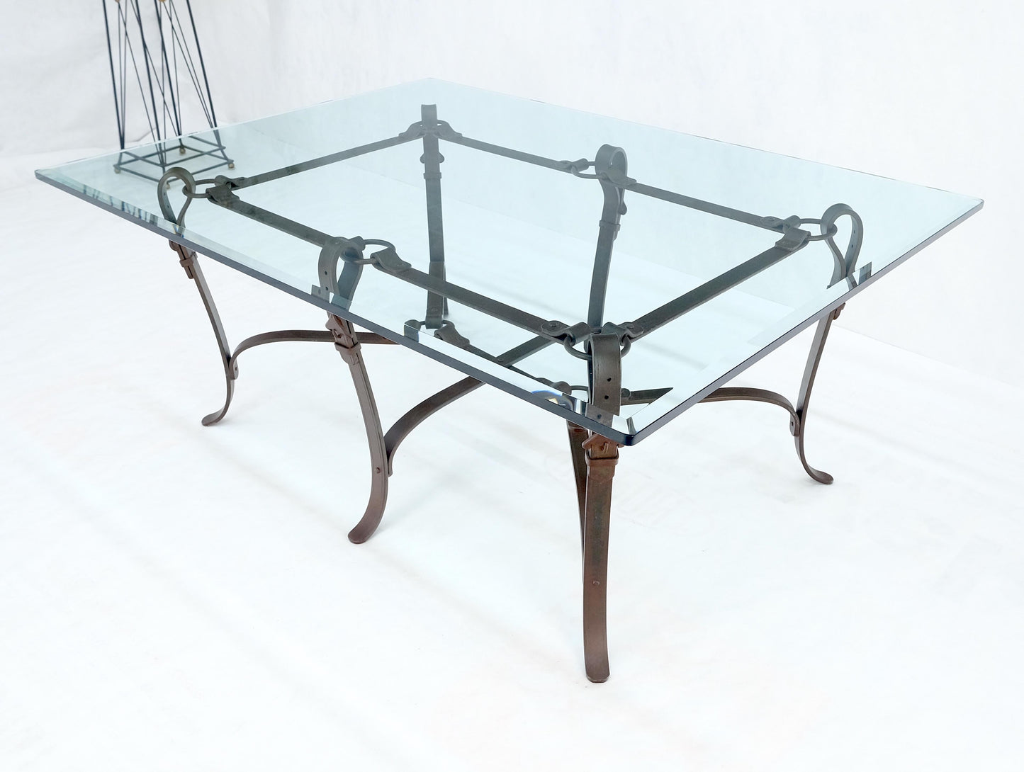 Wrought Iron Faux Belts Rinded Together Base 3/4" Glass Top Large Coffee Table