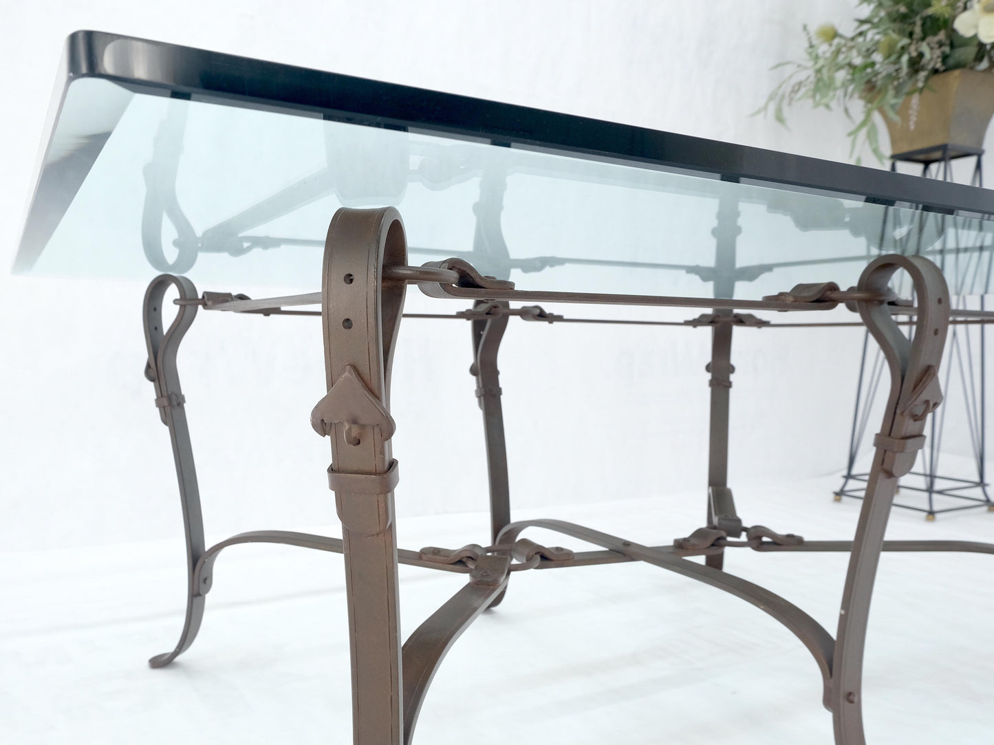 Wrought Iron Faux Belts Rinded Together Base 3/4" Glass Top Large Coffee Table