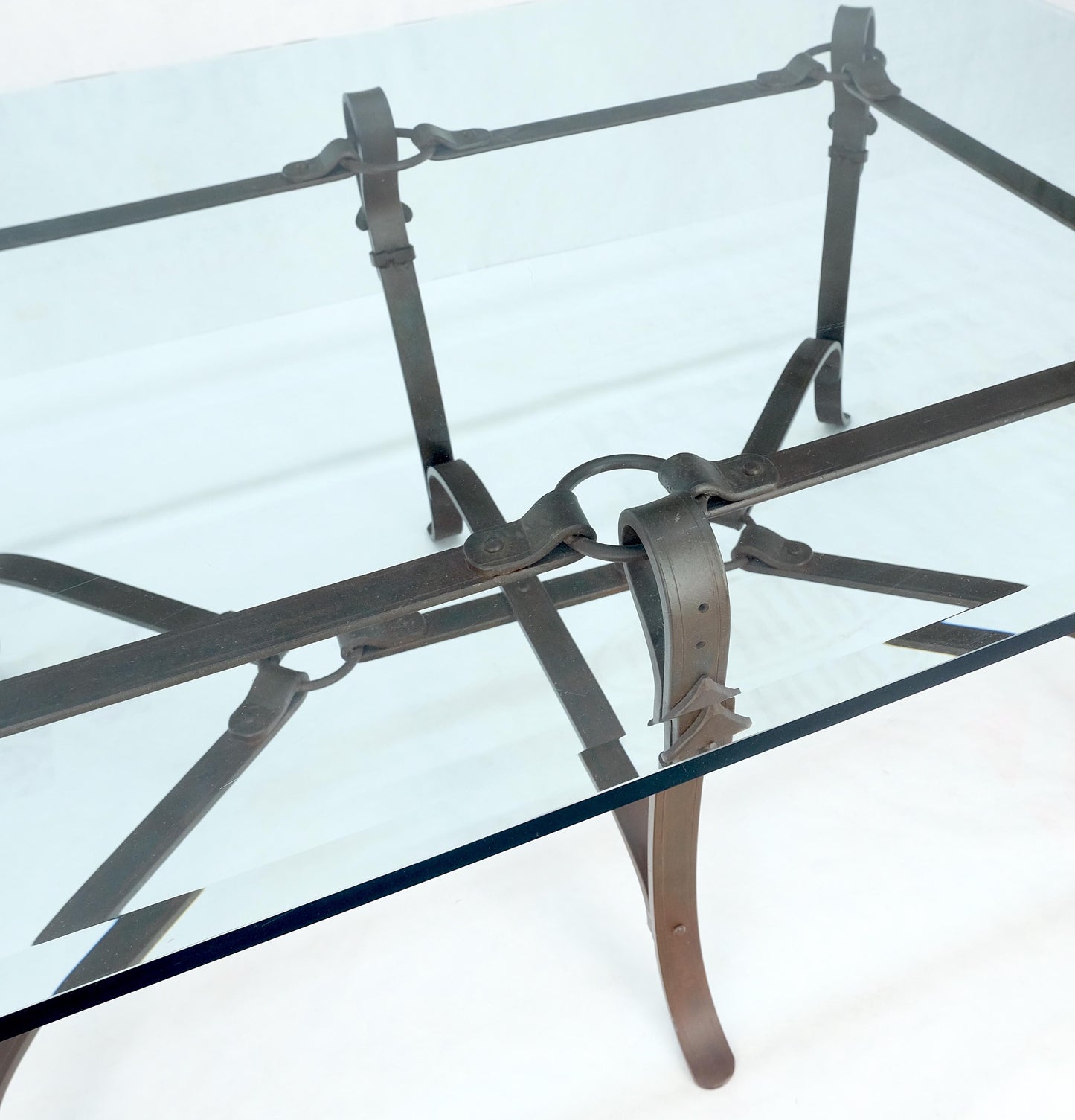 Wrought Iron Faux Belts Rinded Together Base 3/4" Glass Top Large Coffee Table