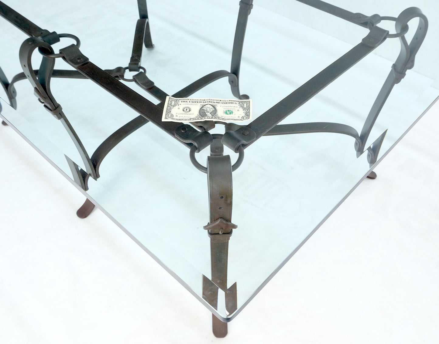 Wrought Iron Faux Belts Rinded Together Base 3/4" Glass Top Large Coffee Table