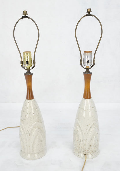 Pair Mid Century Lotus Motive Ceramic Pottery & Turned Walnut Bases Table Lamps