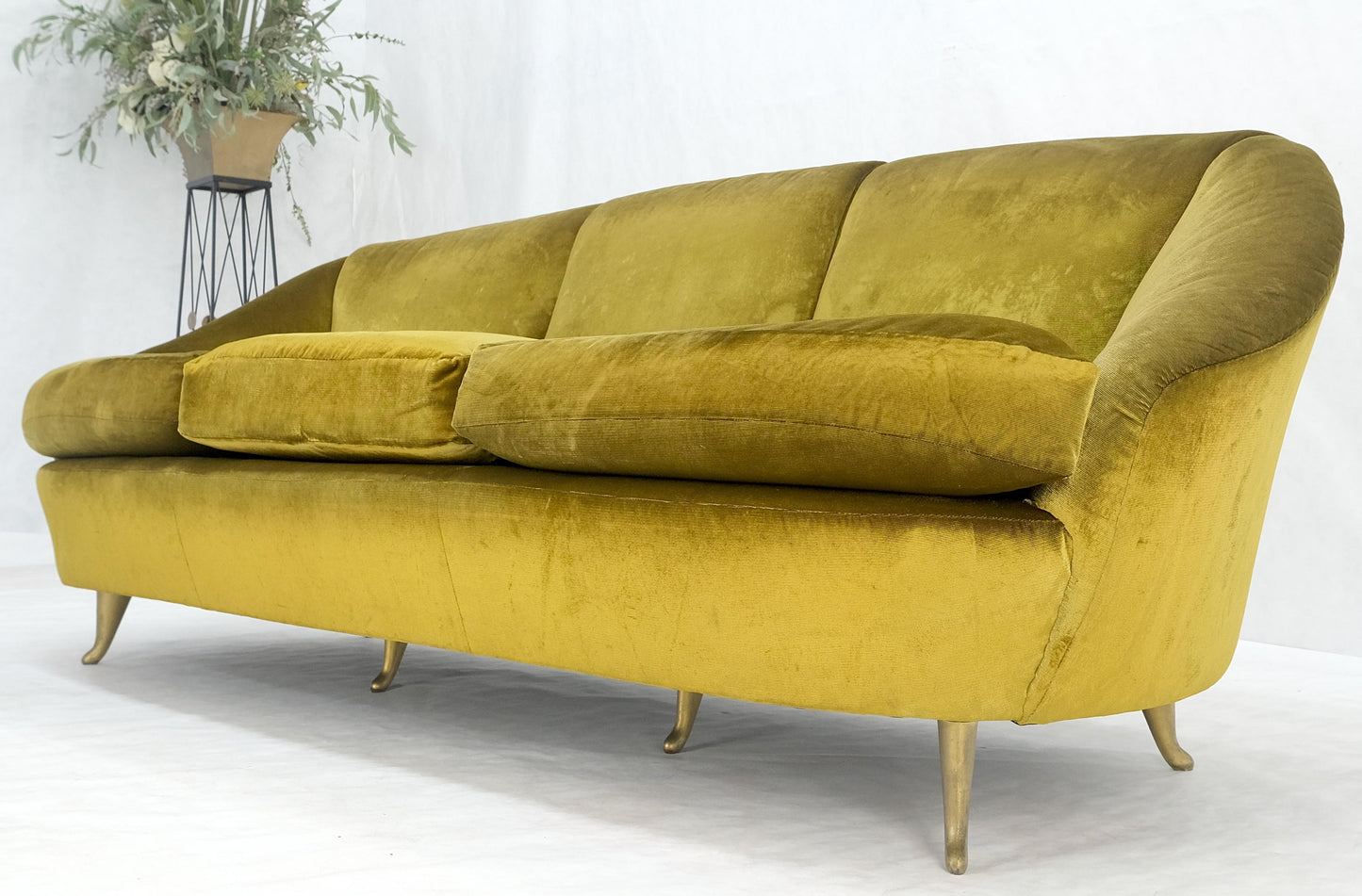 Italian MId Century Modern Gold Velvet Upholstery Cloud Shape Sofa Cast Brass