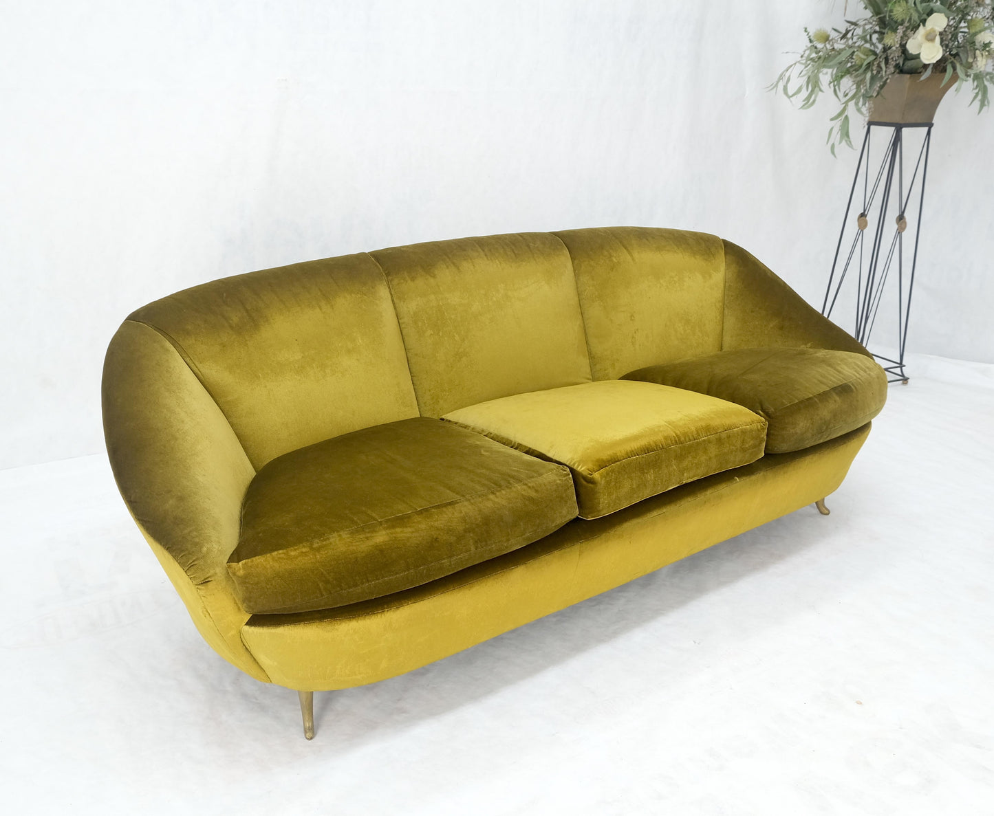 Italian MId Century Modern Gold Velvet Upholstery Cloud Shape Sofa Cast Brass