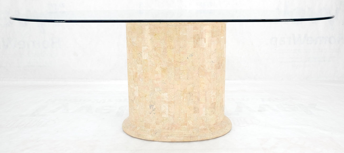 Racetrack Oval Glass Top Single Tessellated Marble Pedestal Base Dining Table