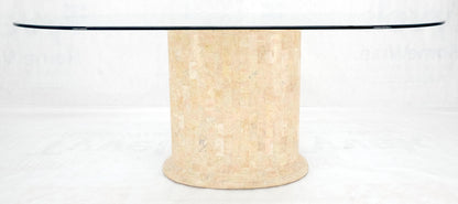 Racetrack Oval Glass Top Single Tessellated Marble Pedestal Base Dining Table