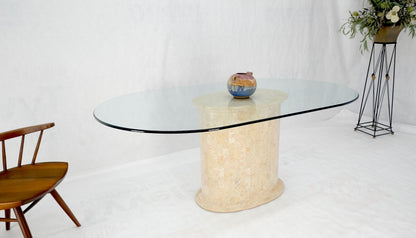 Racetrack Oval Glass Top Single Tessellated Marble Pedestal Base Dining Table