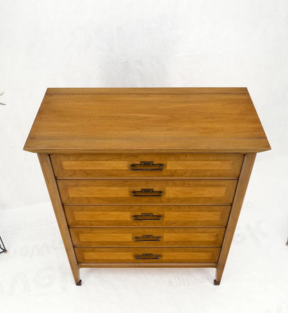 American Mid-Century Modern Light Walnut Heavy Brass Drop Pulls 5 Drawer Chest