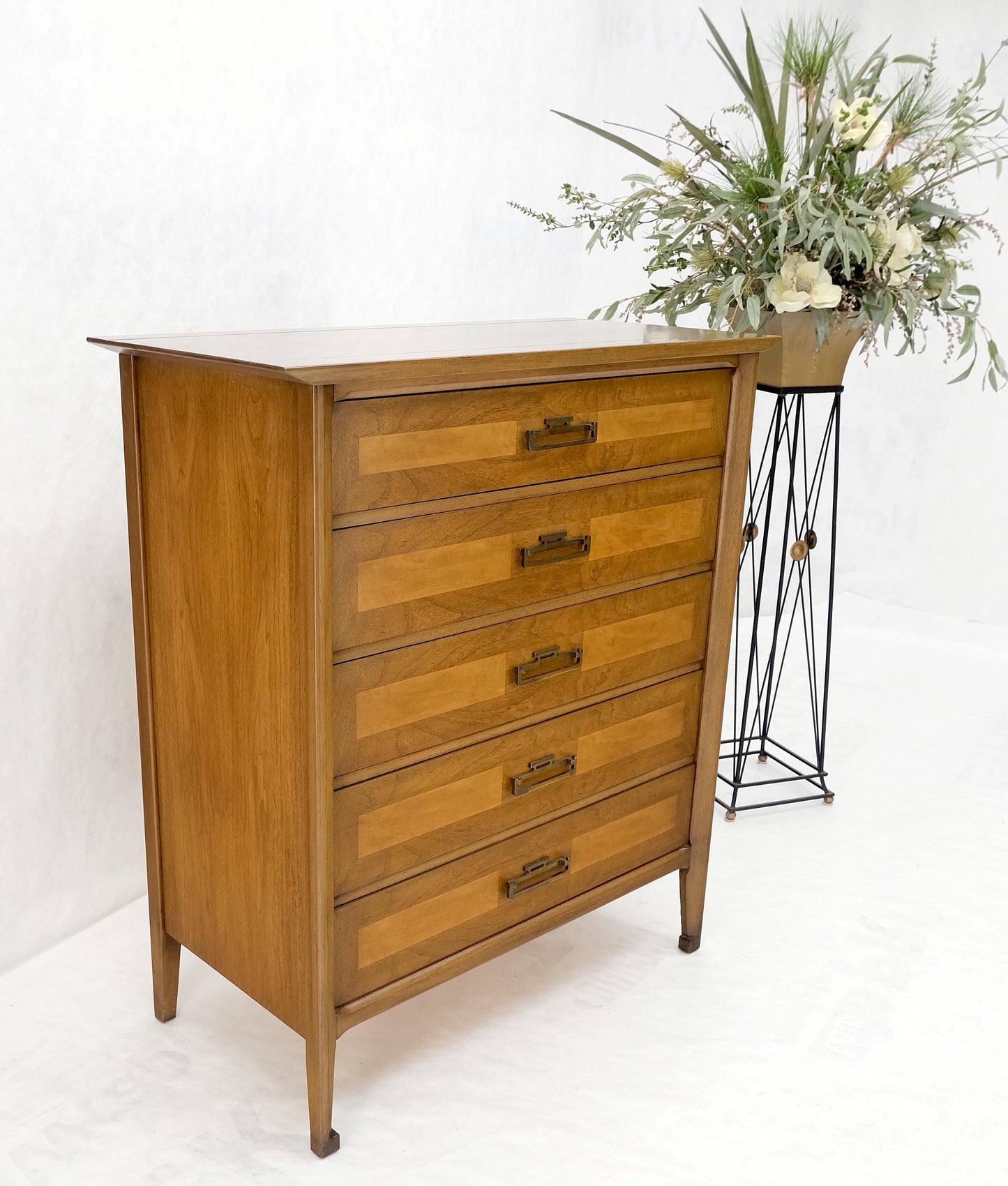 American Mid-Century Modern Light Walnut Heavy Brass Drop Pulls 5 Drawer Chest