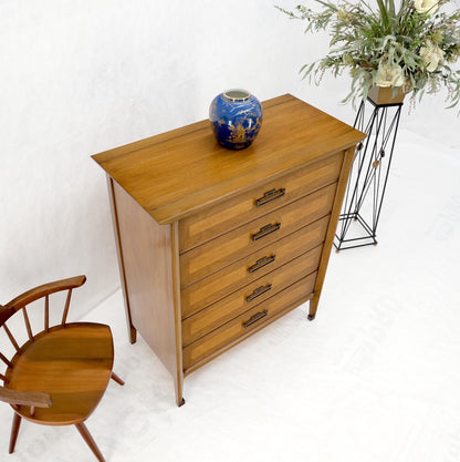 American Mid-Century Modern Light Walnut Heavy Brass Drop Pulls 5 Drawer Chest