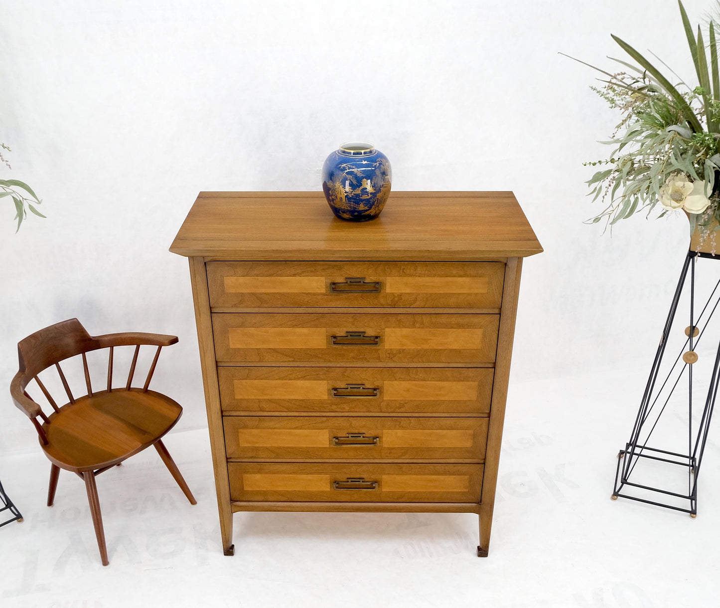 American Mid-Century Modern Light Walnut Heavy Brass Drop Pulls 5 Drawer Chest