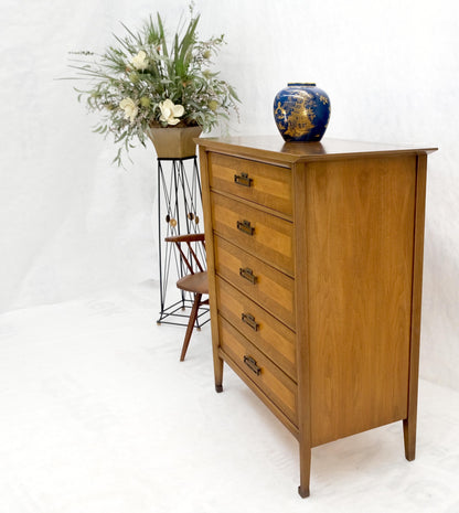 American Mid-Century Modern Light Walnut Heavy Brass Drop Pulls 5 Drawer Chest