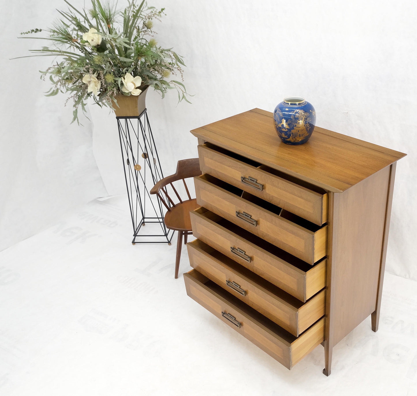 American Mid-Century Modern Light Walnut Heavy Brass Drop Pulls 5 Drawer Chest