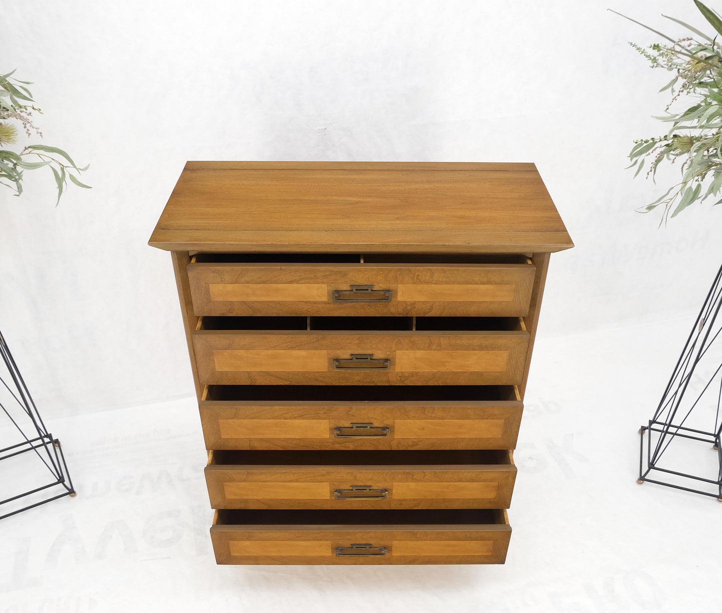 American Mid-Century Modern Light Walnut Heavy Brass Drop Pulls 5 Drawer Chest