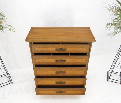 American Mid-Century Modern Light Walnut Heavy Brass Drop Pulls 5 Drawer Chest