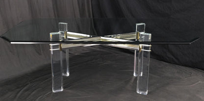 Chrome Brass & Lucite X Shape Base Beveled Glass Top Rectangle Dining Table Mint